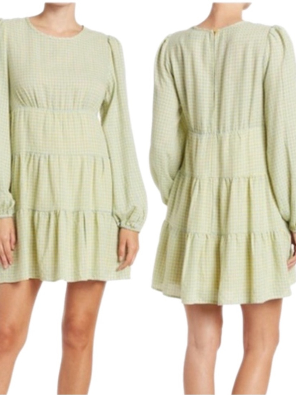 Lumiere Gingham Tiered Long-Sleeve Mini Dress Medium